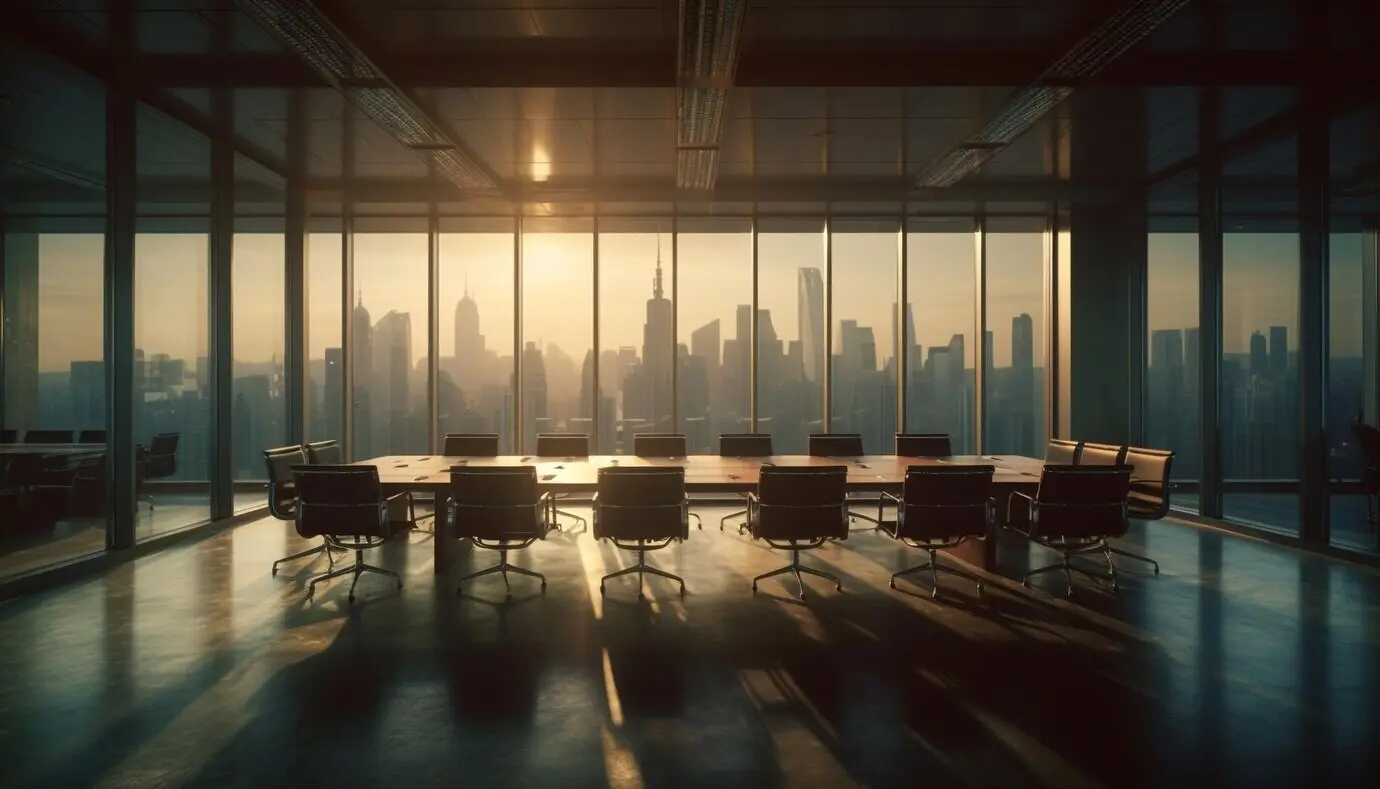A modern businessman working in a bright, backlit office, generated by AI.