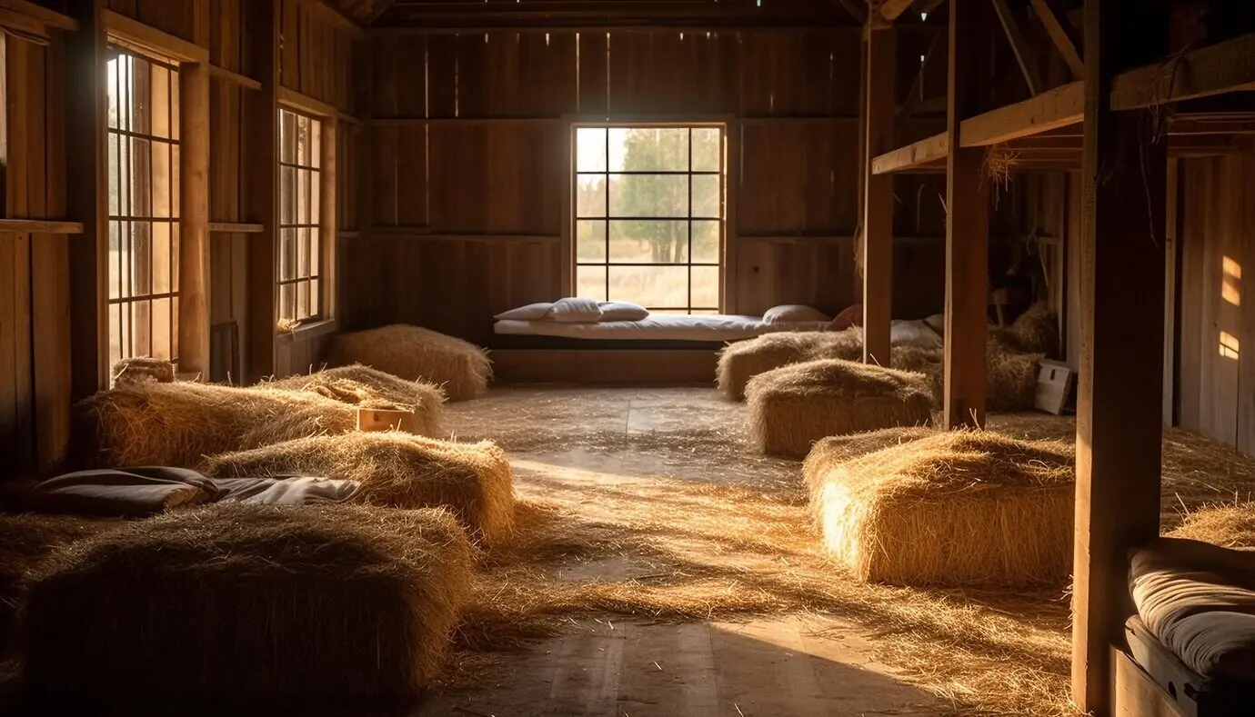 Cozy bedding on a rustic hay-bale bed, generated by AI.