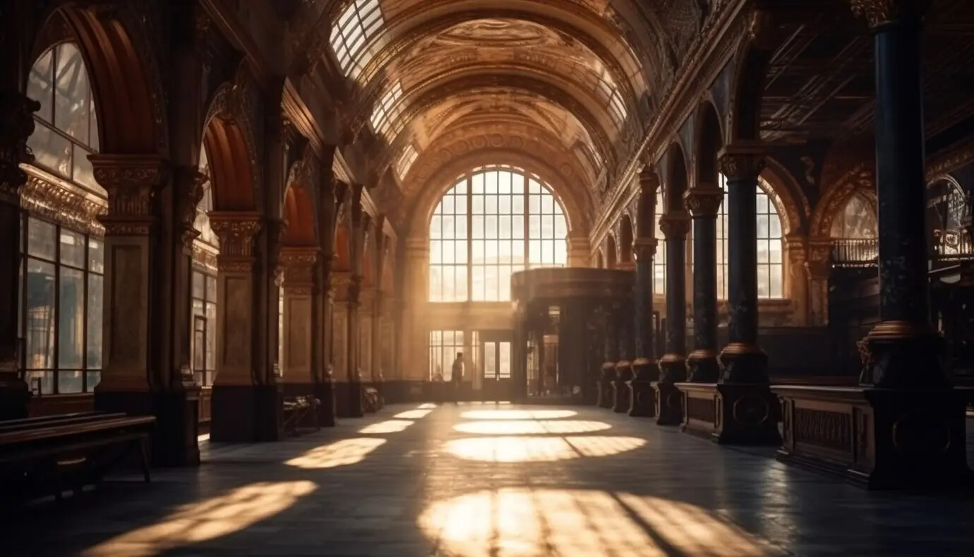 Illuminated corridor of an ancient cathedral with gothic arches, generated by AI.